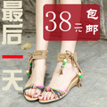 正品包邮 夏平底平跟PU凉鞋子女鞋串珠系带清仓中跟罗马鞋小坡跟