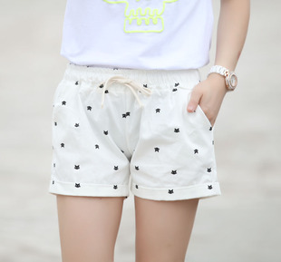 韩版夏季女士卡通猫头小猫印花卷边三分超短裤显瘦热裤沙滩热裤