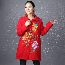 Tmall狂欢节民族风格孔雀牡丹绣花女中<span class=H>长款</span>保暖<span class=H>加厚</span>大码棉衣棉袄