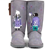 手绘雪地靴女冬韩版平跟真皮高筒防水加厚保暖涂鸦灰色休闲雪地靴