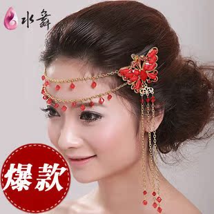  飞舞蝴蝶 韩式新娘红色流苏头饰发饰头花皇冠结婚古典旗袍配饰品