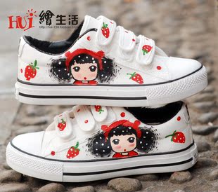  正品韩版蜡笔小星儿童鞋亲子鞋草莓娃娃魔术贴女童鞋手绘鞋帆布鞋