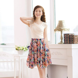 2012春装新款女装夏装蕾丝肩花色拼接雪纺裙夏季碎花雪纺连衣裙子