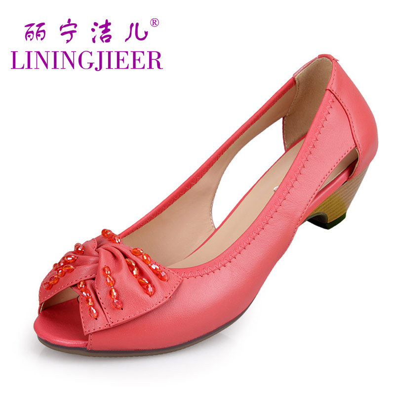 鱼嘴鞋女鞋真皮中跟...