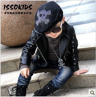  春秋装新款 韩版男童超酷机车风铆钉皮夹克 儿童PU皮衣 外套