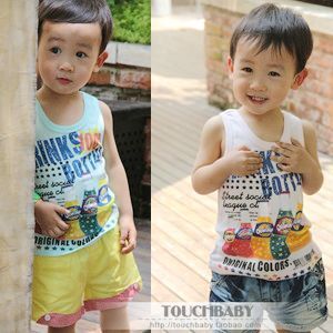 新款韩版童装儿童夏装打底衫 无袖t恤 男童背心潮流玻璃瓶图案