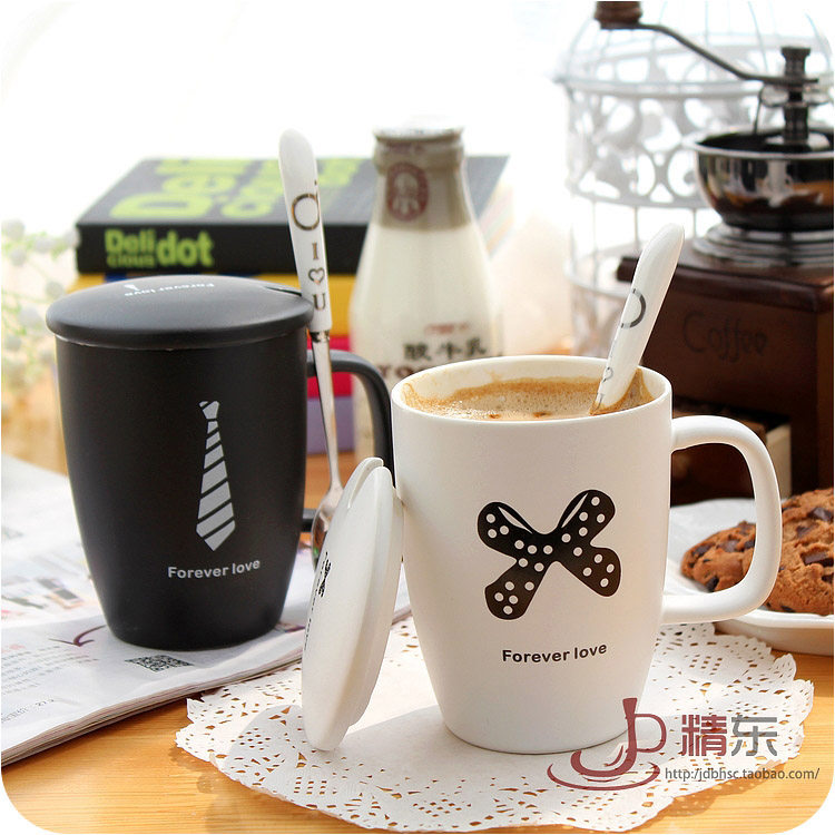 黑白创意陶瓷杯子带盖带勺马克杯咖啡杯情侣杯子一对简约水杯包邮