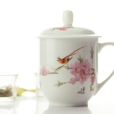 淘金币 秒杀 景德镇 手绘 陶瓷茶杯 带盖 办公 家用 7501 水点桃