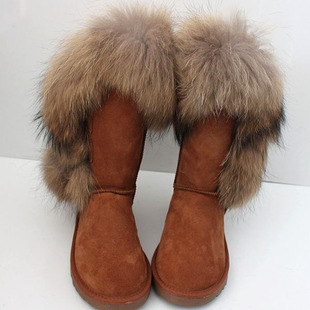  新款雪地靴狐狸毛高筒女靴子中靴翻毛纽扣防水流苏短靴真皮冬特价