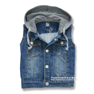  童装春装新款 经典款男童女童水洗棉牛仔马甲 儿童连帽背心