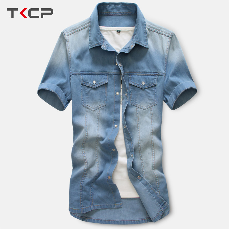TKCP2014夏季新款男士牛仔衬衫短袖衬衣男韩版衬衫牛仔外套衬衣男