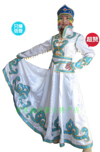 顶碗女士服装袍白色蒙古袍蒙古族女生舞女演漂亮初二服饰图片