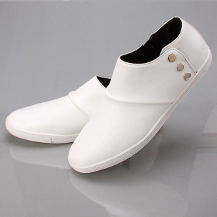  白色皮鞋 时尚韩版圆头魔术贴套脚潮流男士皮鞋子 日常休闲鞋板鞋