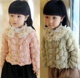  冬春装新款韩版儿童装小孩衣服女童棒针花瓣针织毛衣开衫外套