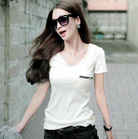 2014春夏装新款韩版女装修身显瘦拉链短袖T恤女白色潮包邮大码V领