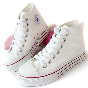  13韩版高帮系带隐形内增高帆布鞋女款厚底松糕鞋女鞋布鞋高跟7cm