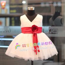 淘宝网女童红色花朵腰带贵族公主蓬蓬裙婚纱裙礼服裙儿童花童裙表演服