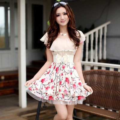 A.S2014夏装新品圆领气质少女短裙 修身甜美时尚碎花雪纺连衣裙
