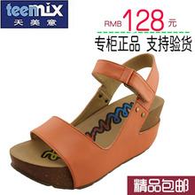 正品Teenmix天美意2012年夏季凉鞋软牛皮女皮鞋舒适松糕鞋6FQ01D