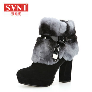  SVNI冬新款短靴欧美兔毛超高粗跟防水台真皮女靴子马丁靴热卖
