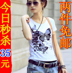 <span class=H>阿依莲</span> 短袖t恤女 2012春装新款女装 夏季韩版修身蝴蝶印花T恤