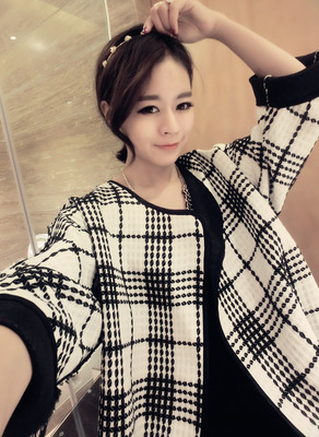 包邮2014春装新款女装<em>韩版</em>中长款格子<em>宽松针</em>