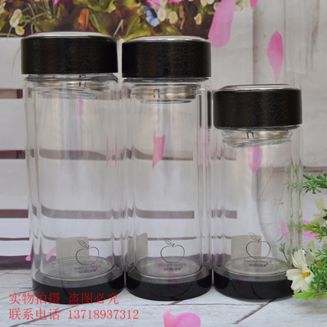 特价亚泰双层水晶玻璃杯 皮纹盖 办公杯 茶杯 带