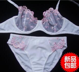 包邮外贸新款白色网纱刺绣超薄透明性感文胸套
