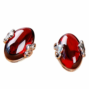  卡丹迪纯银小耳钉复古泰银红宝石耳饰女银饰925银韩国可爱时尚红