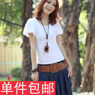 夏季女装白色短袖t恤女韩版雪纺袖拼接小衫纯棉修身体恤飞袖潮流