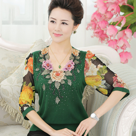 依米唐中老年女装夏装T恤七分雪纺袖妈妈装 大