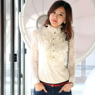  品牌特卖 styleonme 春装新款韩版女装蕾丝休闲长袖衬衫9262