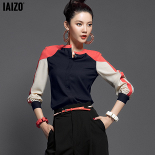  预售IAIZO 春装新款品质女装衬衣百搭拼接衬衫长袖复古打底衫