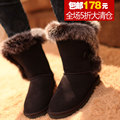 【清仓特价】中筒靴子雪地靴女牛皮正品防水牛筋底狐狸毛纽扣冬