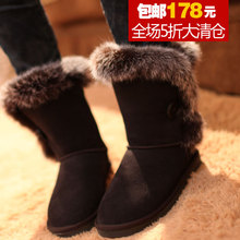 【清仓特价】中筒靴子雪地靴女牛皮正品防水牛筋底狐狸毛纽扣冬