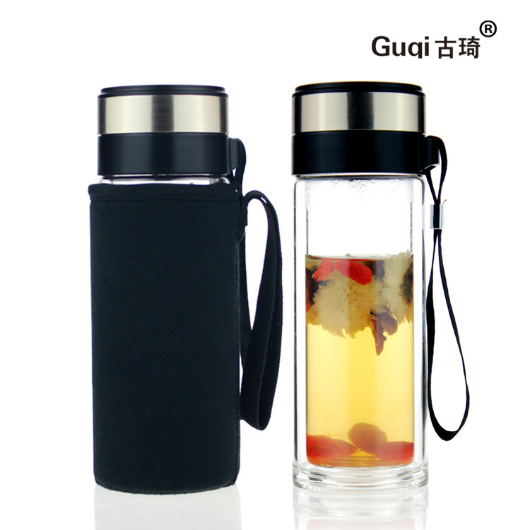 古琦玻璃杯双层带盖水杯茶杯过滤透明杯子创意便携式口杯送杯套