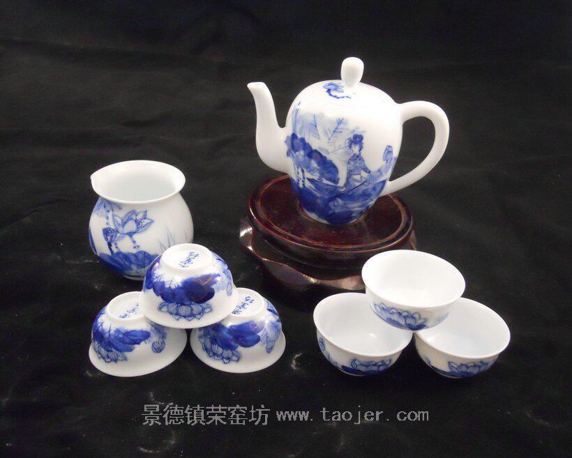 RYFU20 景德镇陶瓷 荣窑坊 手绘青花青莲美女 茶具整套8头