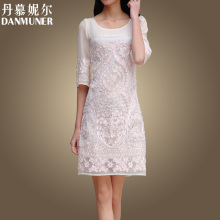 淘宝网丹慕妮尔2012春夏新款女装手工盘花优雅中袖大码欧根莎真丝连衣裙