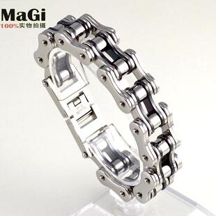  麻吉 黑银机车链条男士钛钢宽手链 美国潮个性时尚运动手饰品 H36
