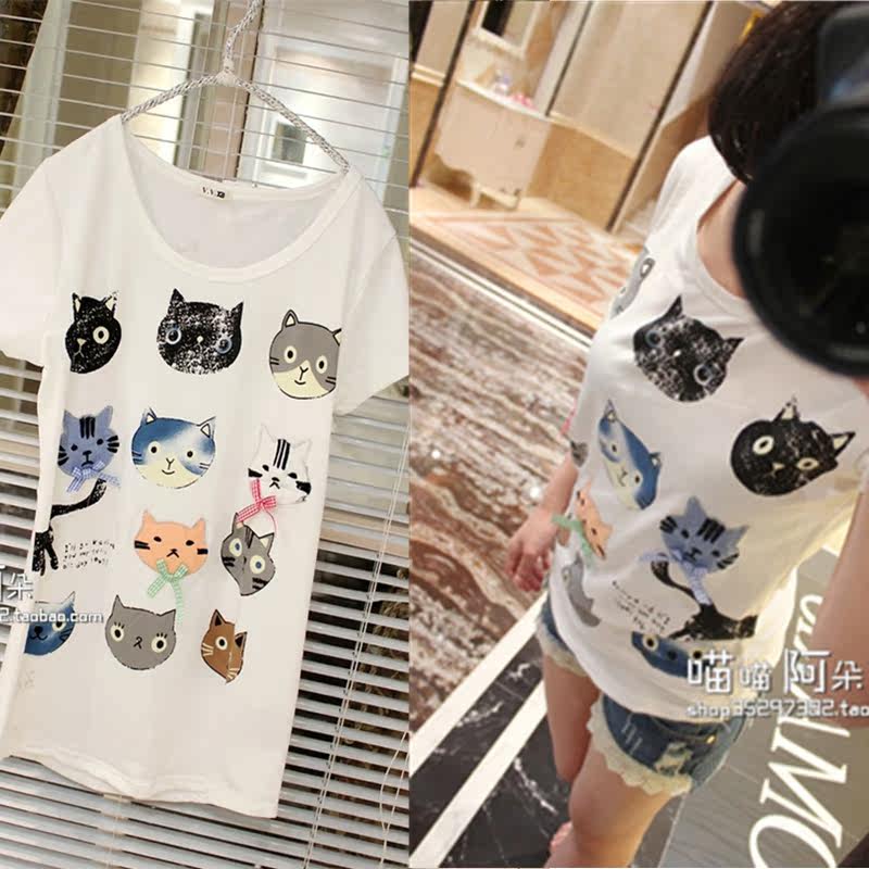 2012女式VIVI日韩国版新款夏季装小猫可爱白色短袖T恤上衣