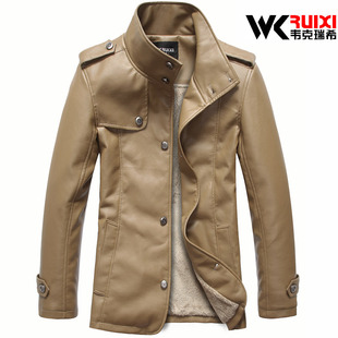  韦克瑞希冬装新款男装皮夹克男士中长款修身外套立领加厚上衣