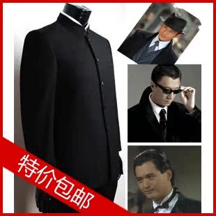  中华立领男士西服套装柒牌款式绣龙中山装纯黑色休闲复古西装包邮
