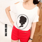 AA 2012夏季新品 女人头像图案莫代尔棉质漏肩T恤(黑 白 粉橘)10