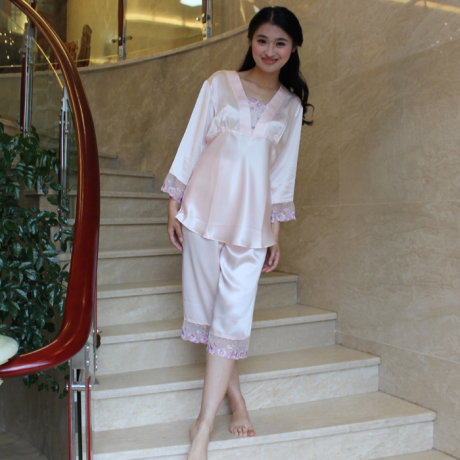 <em>俏诺</em>100%<em>桑蚕丝睡衣</em>睡裤两件套女蕾丝优雅高