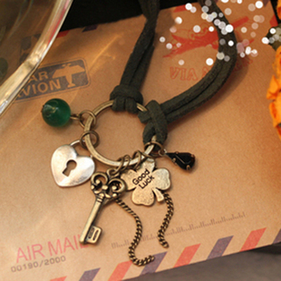  HL00102 墨绿皮绒绳四叶草钥匙心锁多吊坠森林系脚链 复古 6g