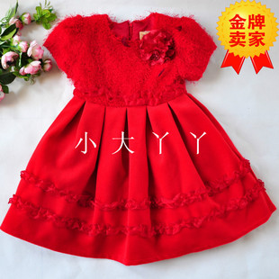 新年女童连衣裙冬装 女童裙子花童礼服儿童公主裙冬装 红色毛呢裙