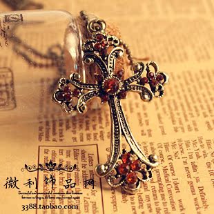  [D213]欧美外贸复古饰品批发 韩版十字架香槟钻 女款项链 毛衣链