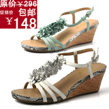 百丽正品2012夏季 花朵田园风羊皮坡跟凉鞋 女鞋