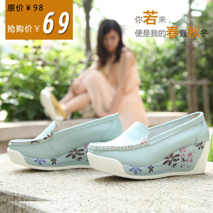  春款真皮女鞋单鞋平底鞋坡跟欧美英伦风韩版女潮松糕鞋厚底鞋