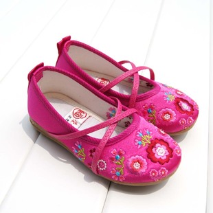  ╰＊喜洋洋＊╮老北京布鞋女童绣花鞋传统工艺松紧带儿童鞋桃红